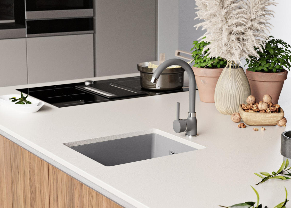 UNTERBAUSPÜLE GRANIT London, 2-er set Grau 36/47 cm 1 Becken + Küchenarmatur 40/20 cm + Ablauf-Set ab 40er Unterschrank - Chromfarben/Grau, Kunststoff (36/20/47cm) - Primagran