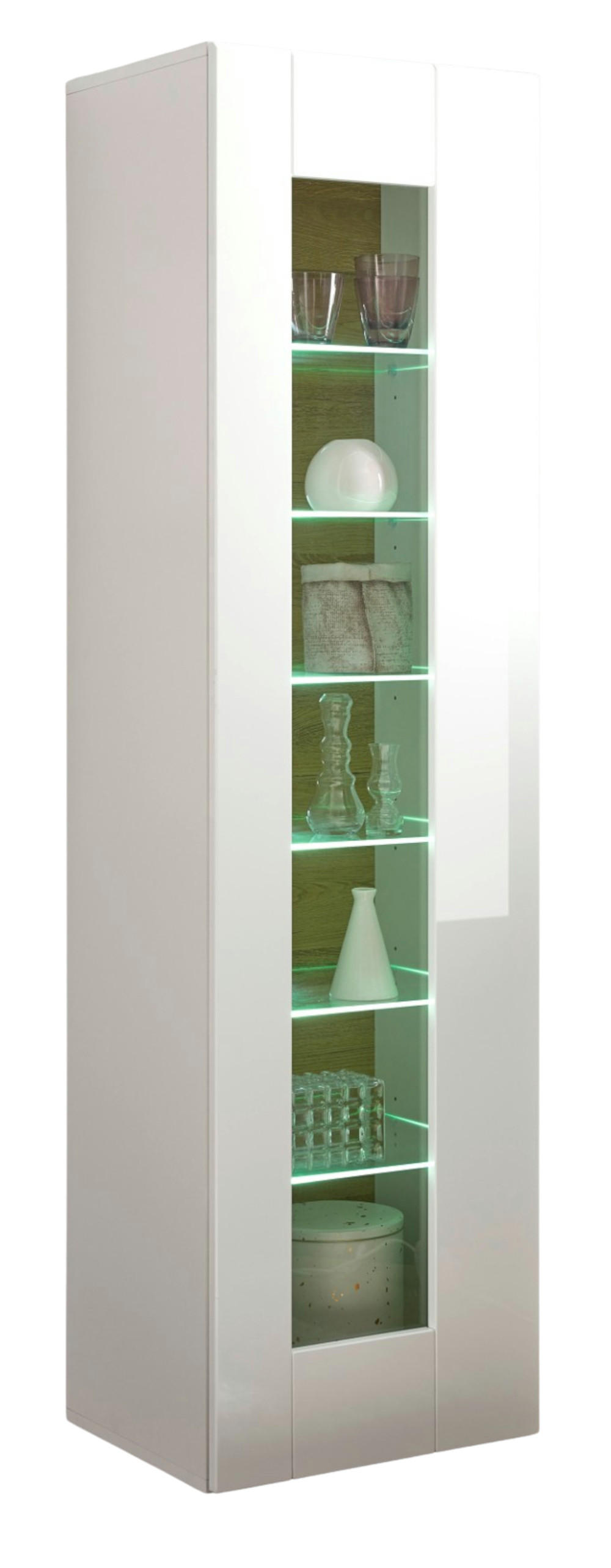 VITRINE weiß Hochglanz, Grandson Eiche, Vitrinenschrank hängend, stehend 45 x 166 cm - Weiß Hochglanz/Eichefarben, Holzwerkstoff (45/166/38cm) - Furn.Design