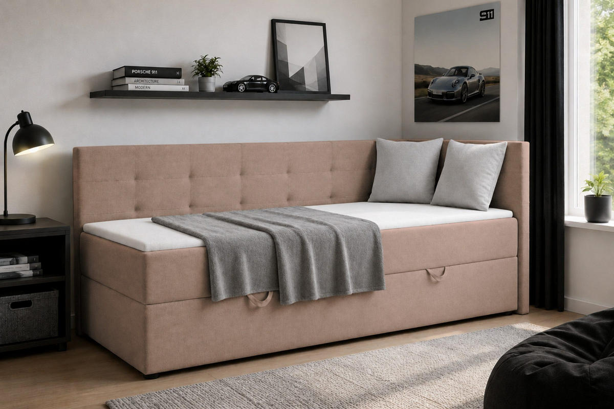 BOXBETT FAVIO 100/200 in Velours Beige H3 - Hellgrau, Holz/Holzwerkstoff (100/200cm) - Deine Möbel 24