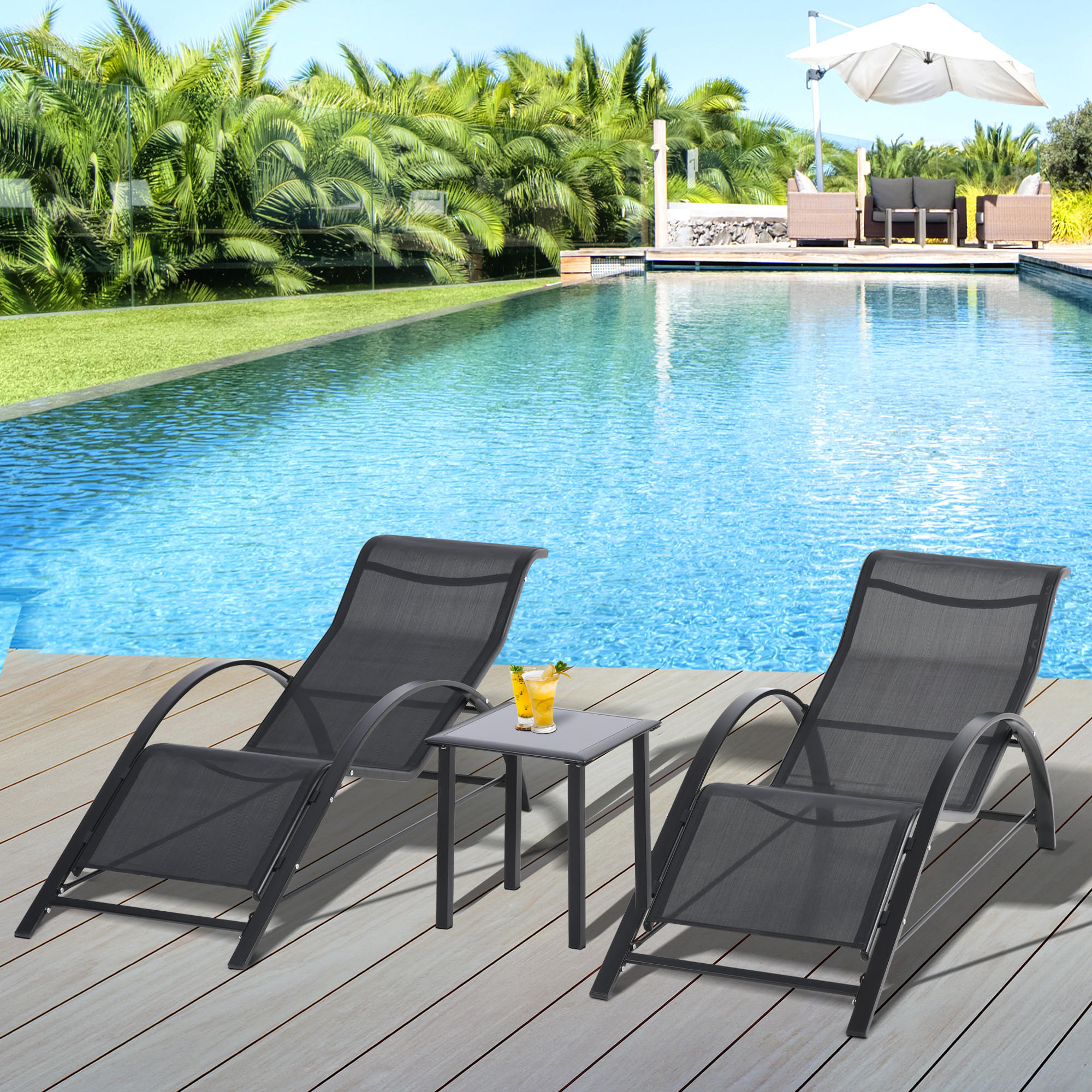 GARTENLIEGE mit Tisch, 59L x 169B x 66H cm, Metall, Mesh, Schwarz - Schwarz, Kunststoff (59/66/169cm) - Outsunny