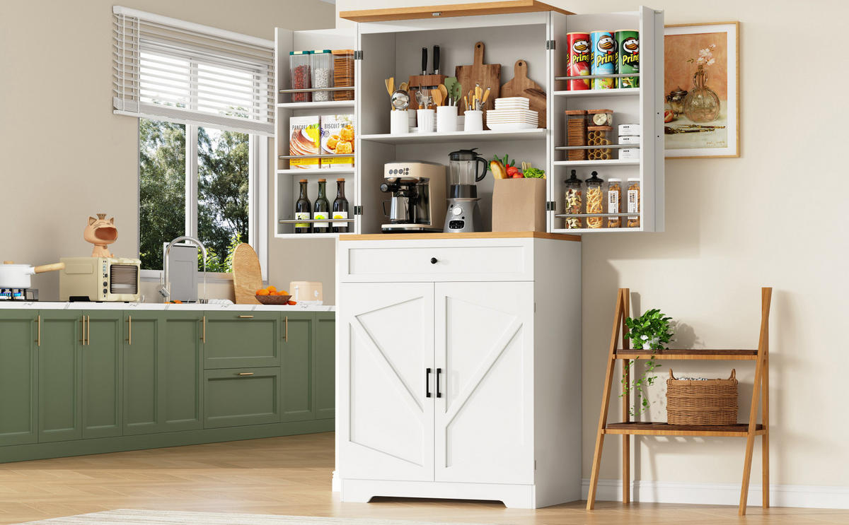 HOCHSCHRANK aus MDF in Weiß mit Holzoptik-Tischplatte, Schubladen und offenen Snack-Regalen, 80/40/180 cm, Weiß - Weiß, Holzwerkstoff (80/180/40cm) - Redom
