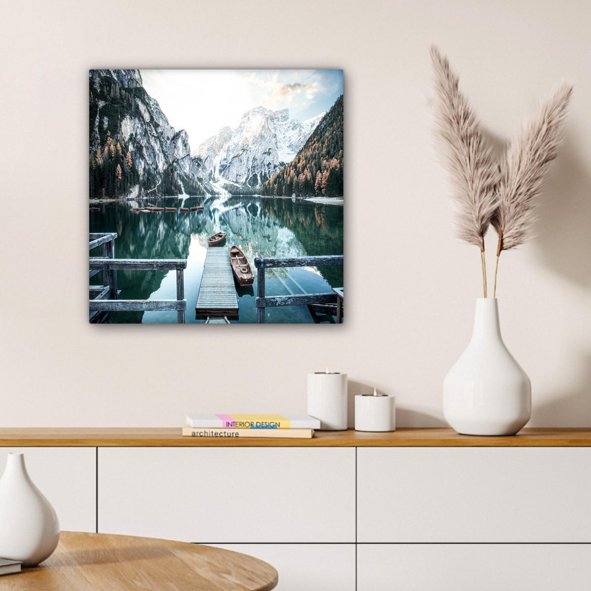 LEINWANDBILD Natur - Berge - Schnee - Wald - Boot 50x50 cm - Hellgrün, Textil (50/50cm) - MuchoWow