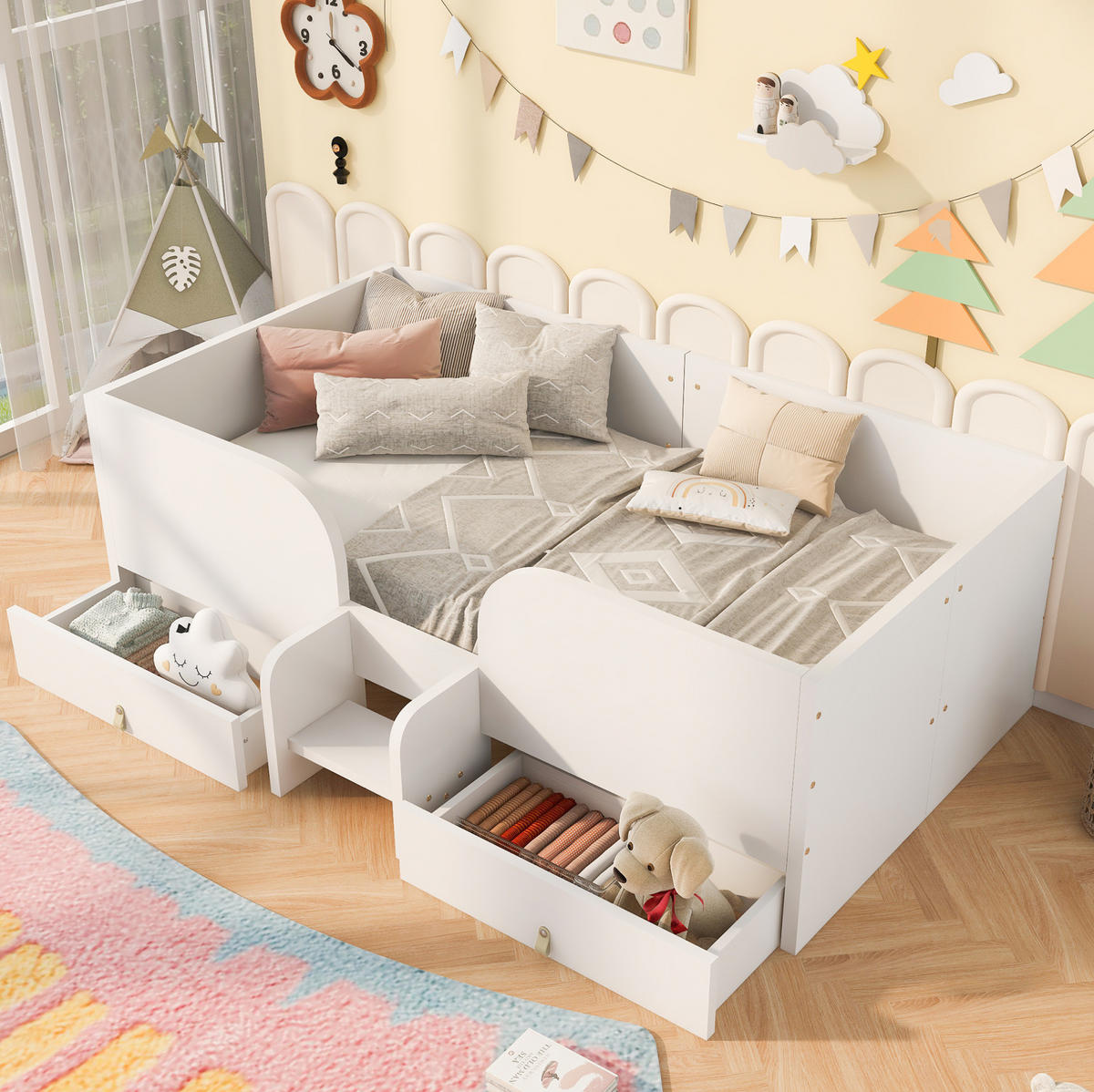 KINDERBETT aus Sperrholz und MDF 90x200 cm Weiß mit Schubladen und Sicherheitsleiter - Weiß, Holzwerkstoff (90/200cm) - Modfu