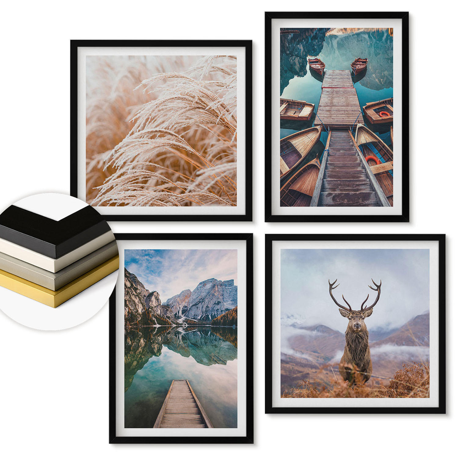 WANDBILDER 4er-Set - 50x50 cm & 40x60 cm Schwarzer Rahmen - Seeboote Hirsche Berge - Schwarz, Kunststoff (50/50cm) - ArtPrintCave