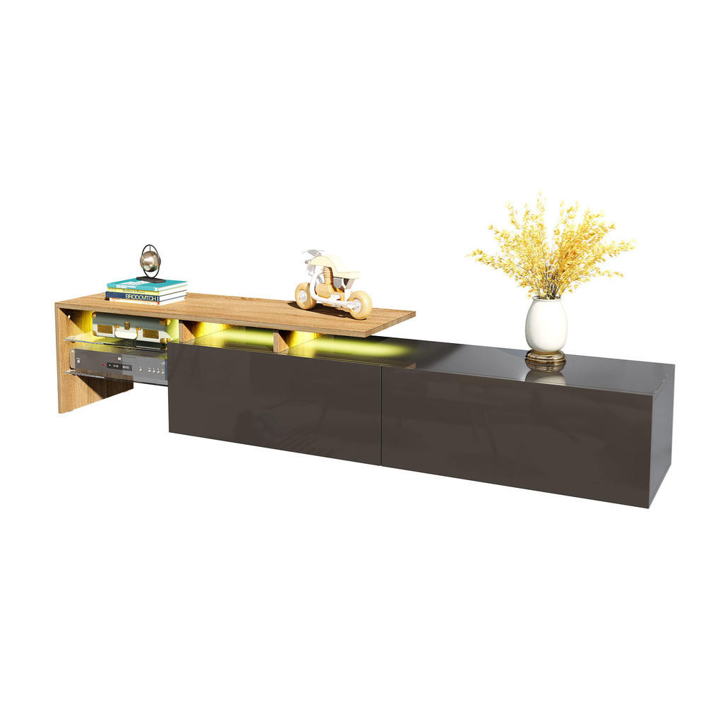 TV-SCHRANK Modern Hochglanzschwarz Holzoptik Glasböden LED-Beleuchtung - Schwarz, Holz (42.19/18.42/143cm) - FLIEKS