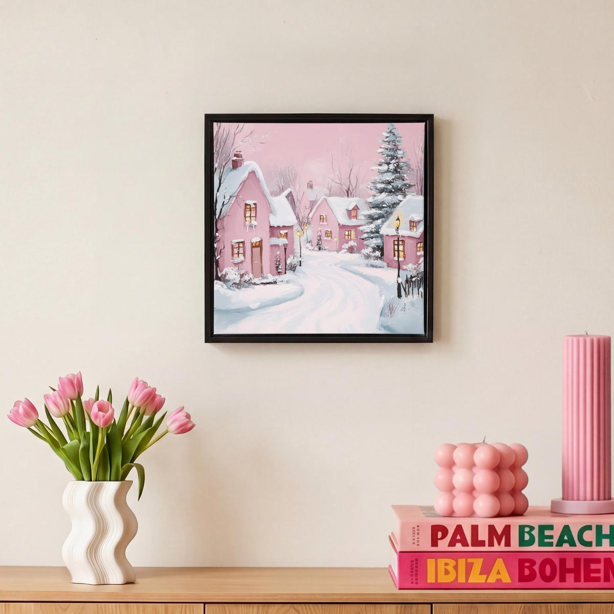 LEINWAND Bilder mit Rahmen - Weihnachtsdorf - Rosa - Winter - Schnee - Häuser - 20x20 - Altrosa, Textil (20/20cm) - MuchoWow