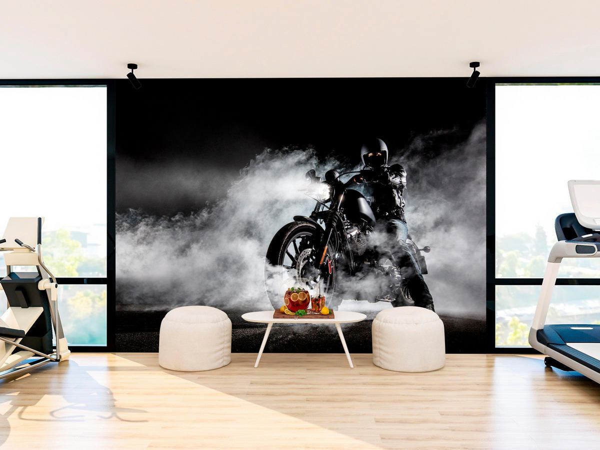 FOTOTAPETE für Jugendzimmer Motorrad Nebel Mann Straße Rauch Sport Action 200x140 - Schwarz/Weiß, Papier (200/140cm) - Muralo