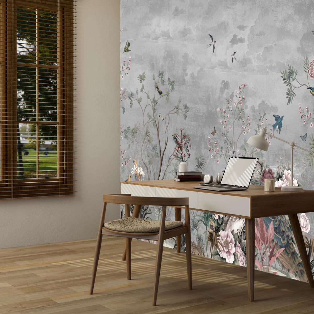 FOTOTAPETE für Büro Pfauen Vögel Pflanzen Bäume Tropische Blumen 400x280 - Multicolor, Papier (400/280cm) - Muralo