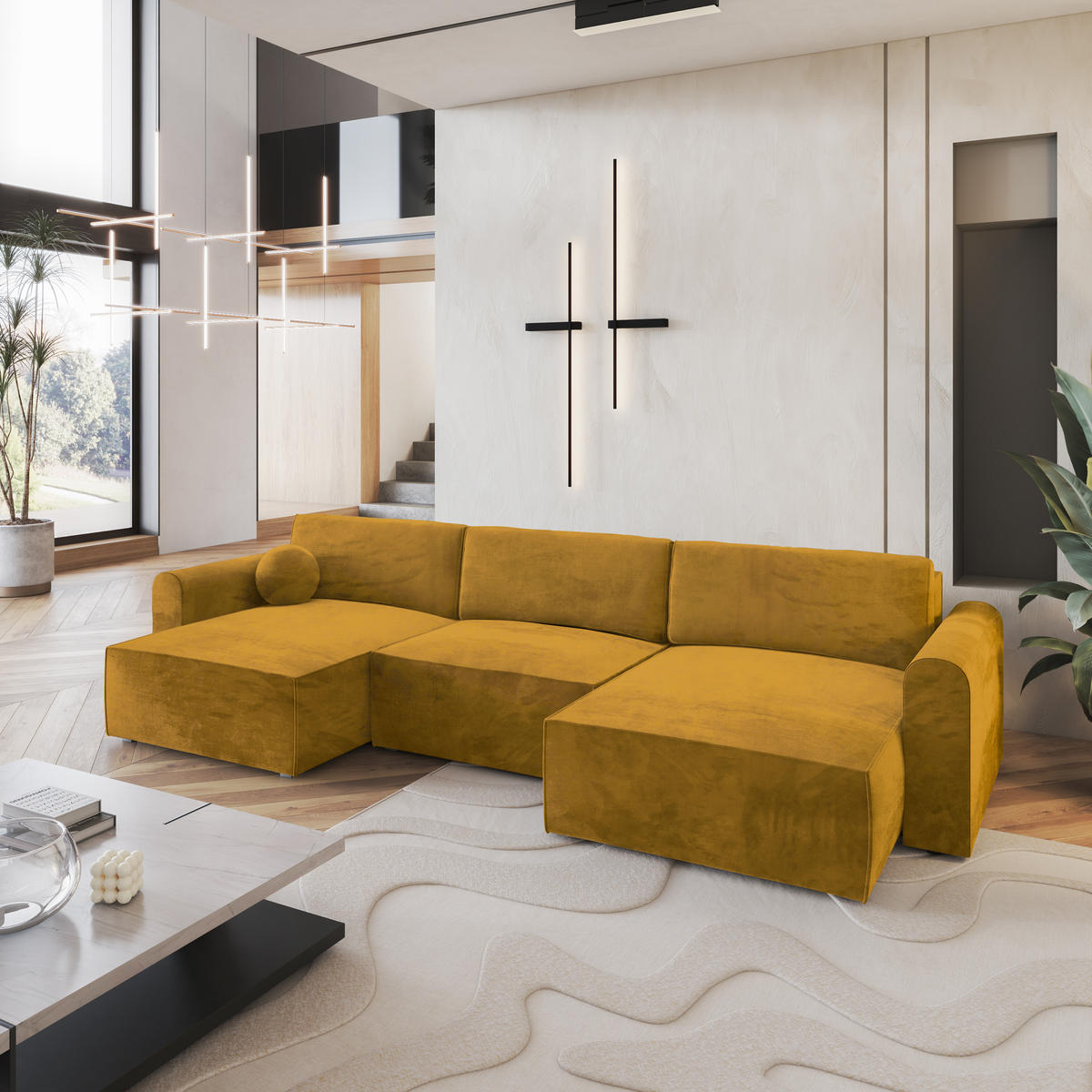 WOHNLANDSCHAFT FENTO M Gelb Velours-Stoff mit Schlaffunktion - Gelb, Holz (347/90/148cm) - MASSENO
