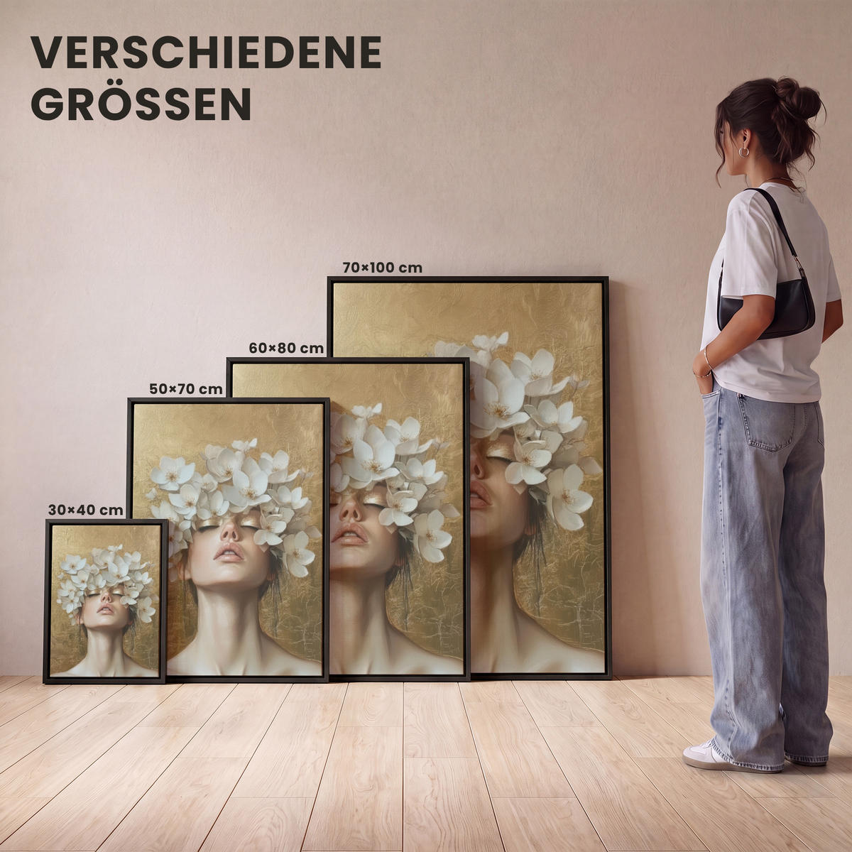 LEINWAND Bilder mit Rahmen - Gesicht - Blumen - Gold - Abstrakt - 70x100 - Goldfarben, Textil (70/100cm) - MuchoWow
