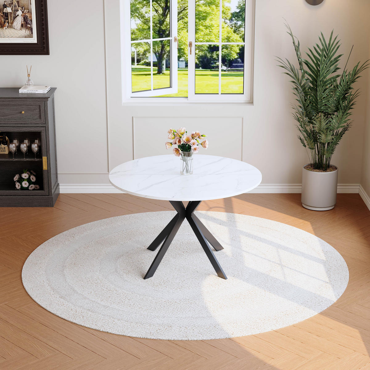 ESSGRUPPE DE-39511 3-teilig, runder Marmortisch Weiß - Weiß, Holzwerkstoff (110/75/110cm) - ComfortXL