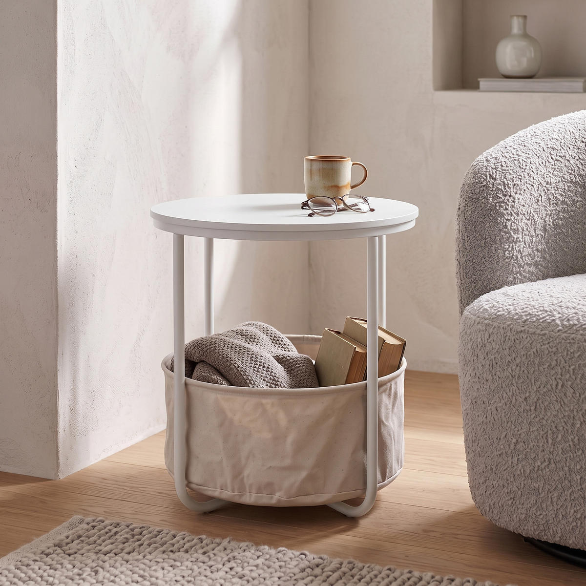 BEISTELLTISCH mit Korb rund Weiß 45/45/50 cm - Weiß, Metall (45/45/50cm) - SCENA LIVING