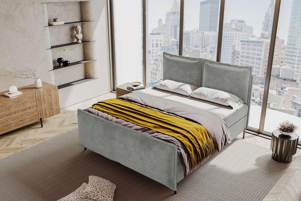 BOXSPRINGBETT VERO PLUS Cordstoff Hellgrau 140/200 cm - Hellgrau/Schwarz, Holzwerkstoff/Textil (140/200cm) - 99rooms