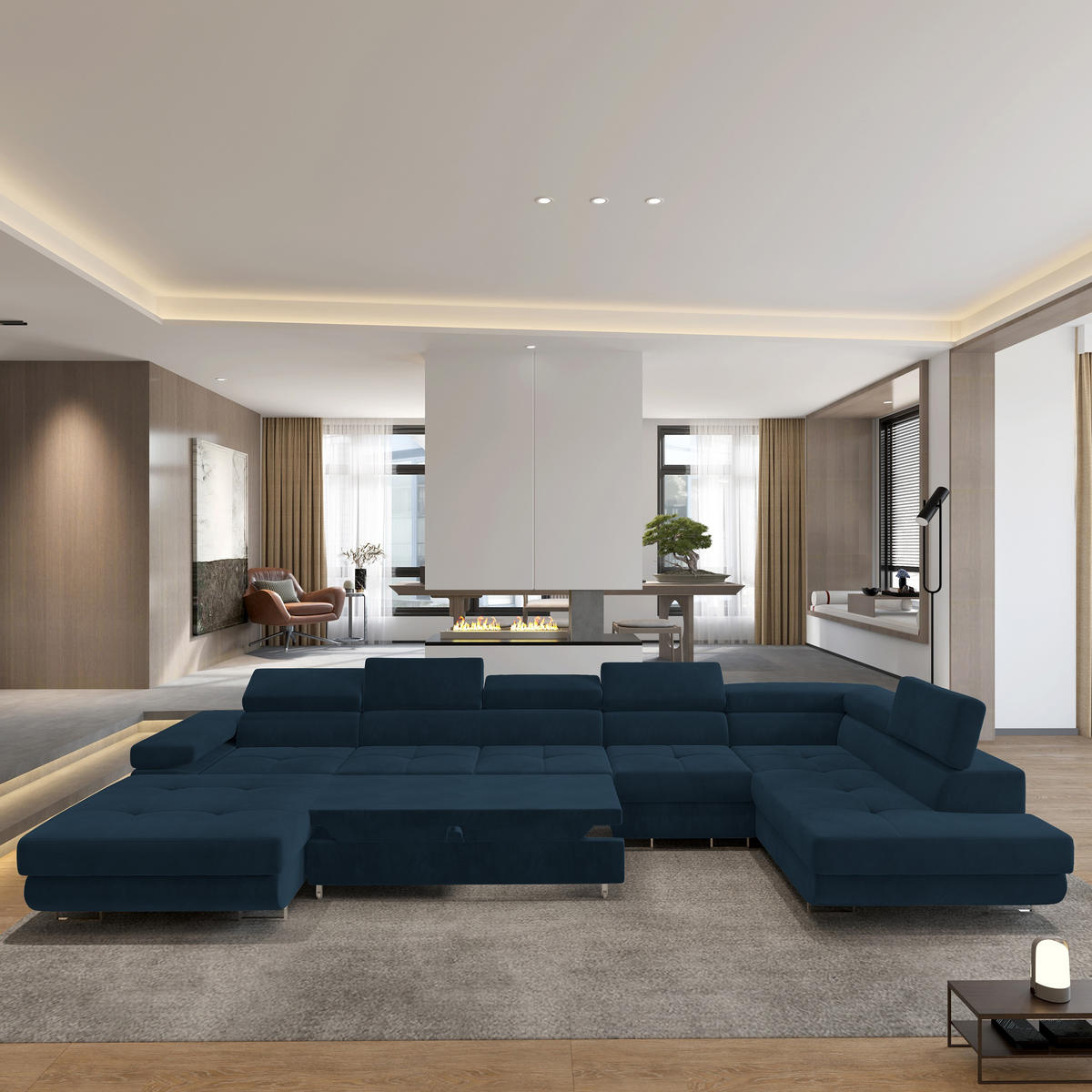 WOHNLANDSCHAFT VELORA R-S Blau Velours-Stoff mit Schlaffunktion - Blau, Holz (419/90/202cm) - MASSENO