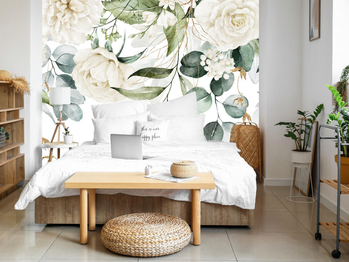 FOTOTAPETE für Schlafzimmer Aquarell Weiße Blumen Pfingstrosen Blätter Natur 450x315 - Creme/Weiß, Papier (450/315cm) - Muralo