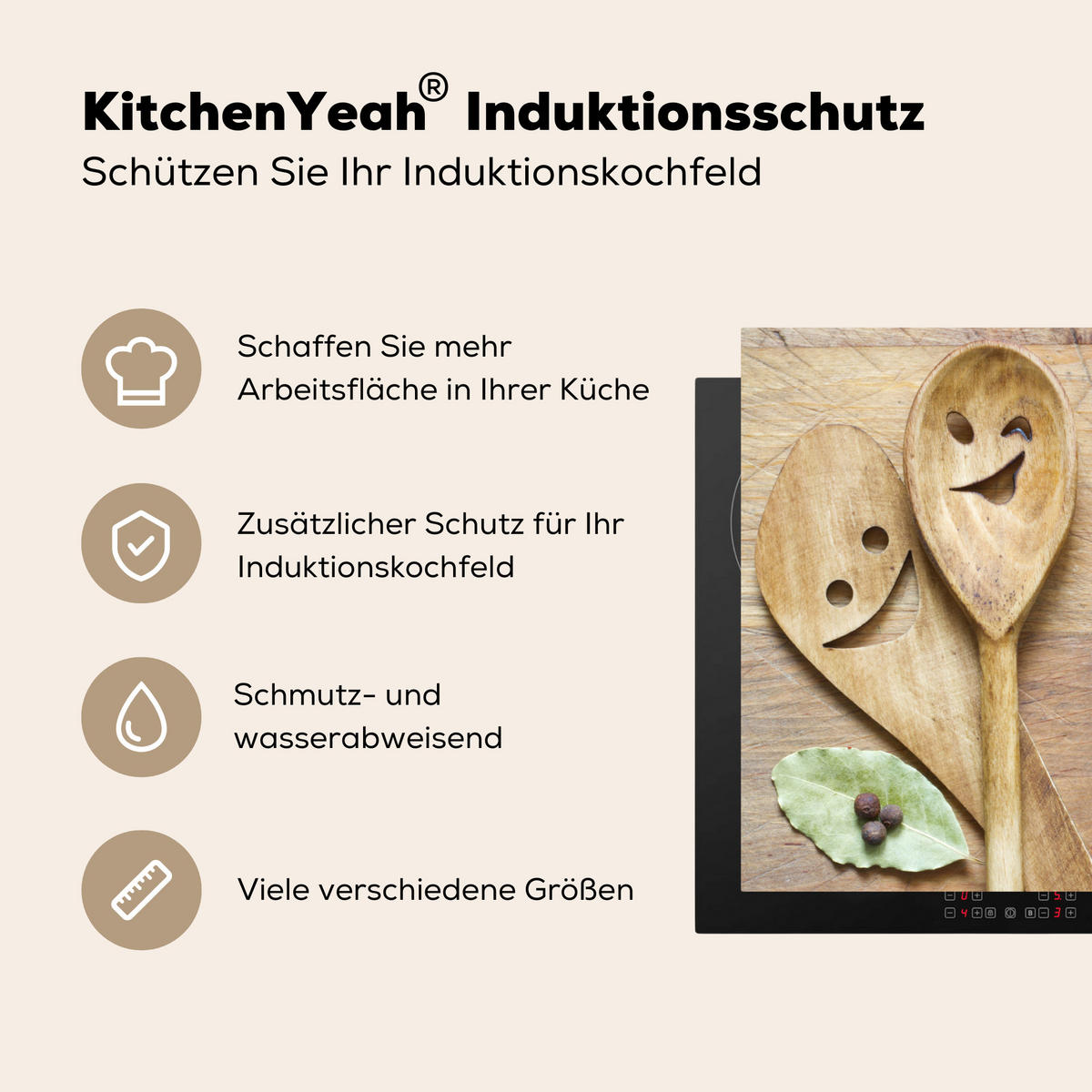 HERDABDECKPLATTE Holz - Löffel - Braun - Smiley 83x51 cm - Hellbraun, Kunststoff (83/0.2/51.5cm) - MuchoWow