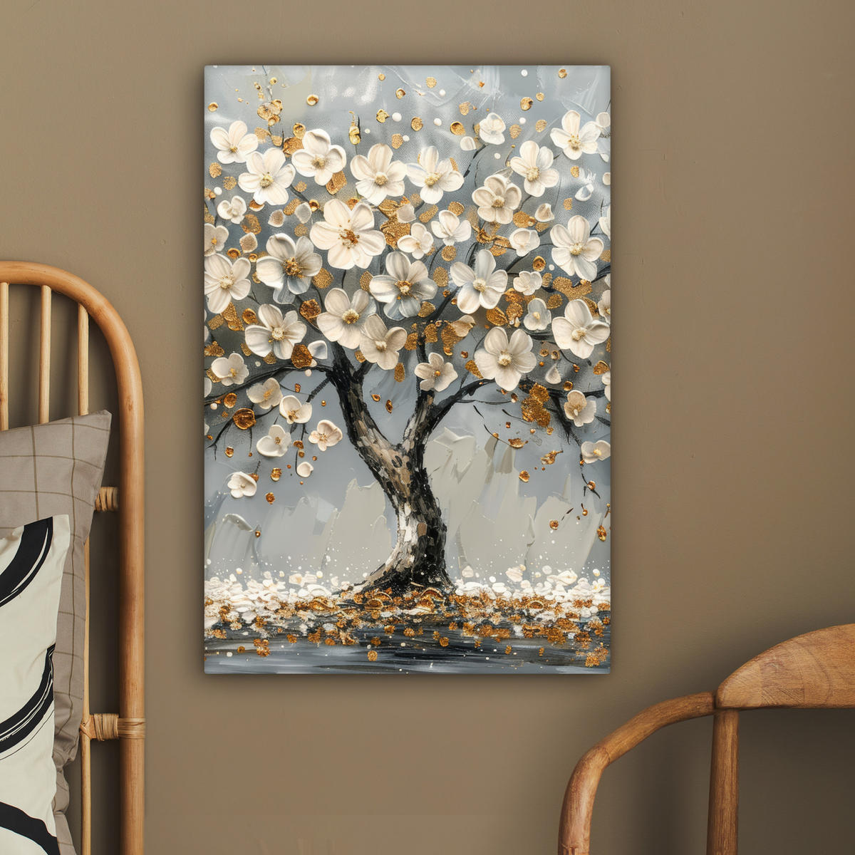 LEINWANDBILD Baum - Blumen - Weiß - Natur - Kunst Wanddeko Schlafzimmer 60x90 cm - Weiß, Textil (60/90cm) - MuchoWow