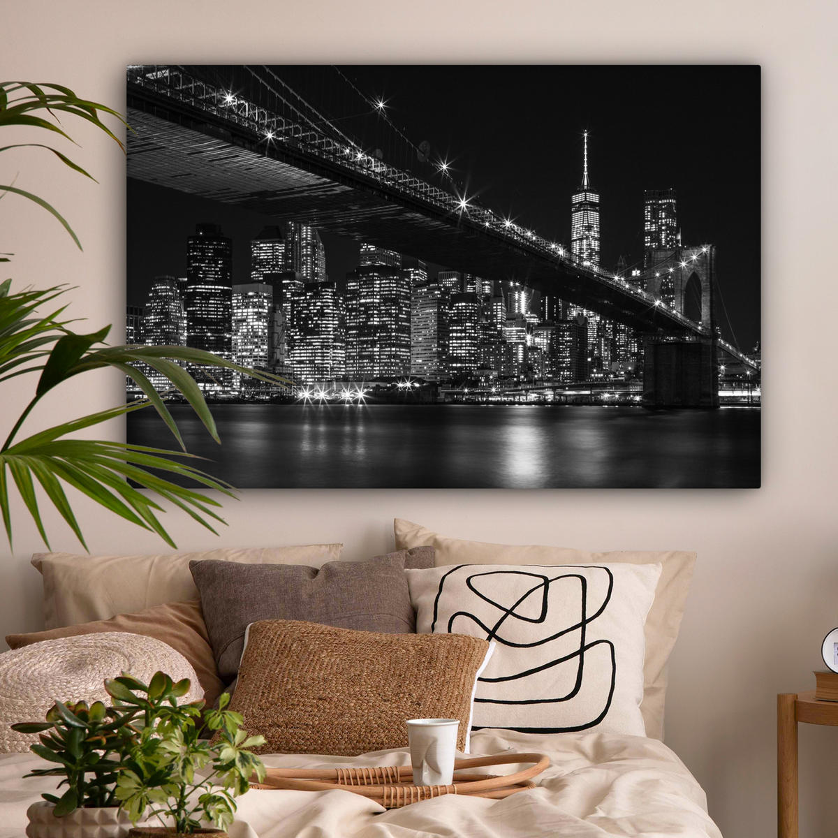 LEINWANDBILD New York - Brooklyn - Brücke Wohnzimmer Groß 120x80 cm - Schwarz, Textil (120/80cm) - MuchoWow