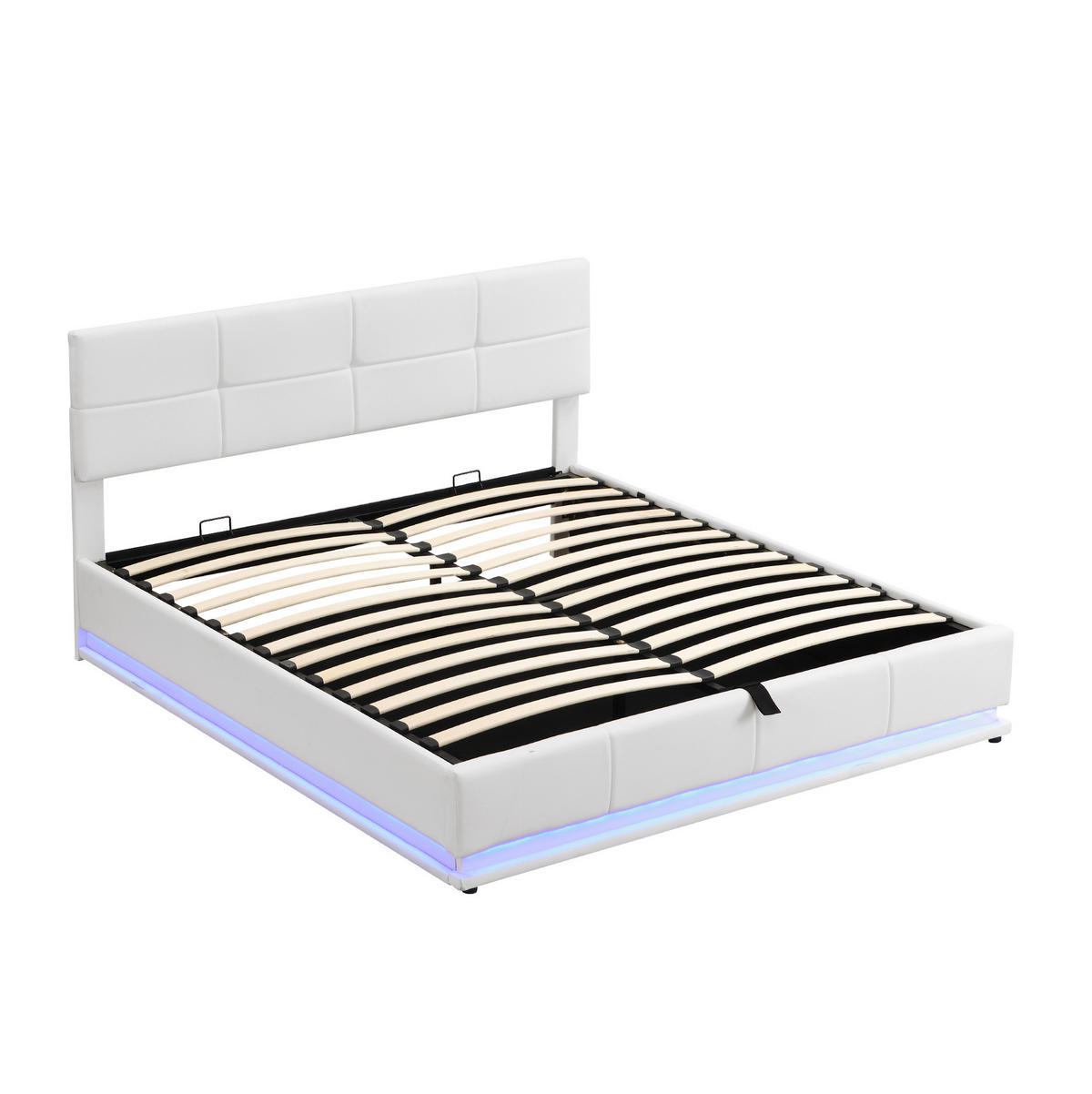 POLSTERBETT 180/200 cm weiß LED-Beleuchtung mit hydraulisch anhebarem Bettkasten - Weiß, Textil (180/200cm) - OKWISH