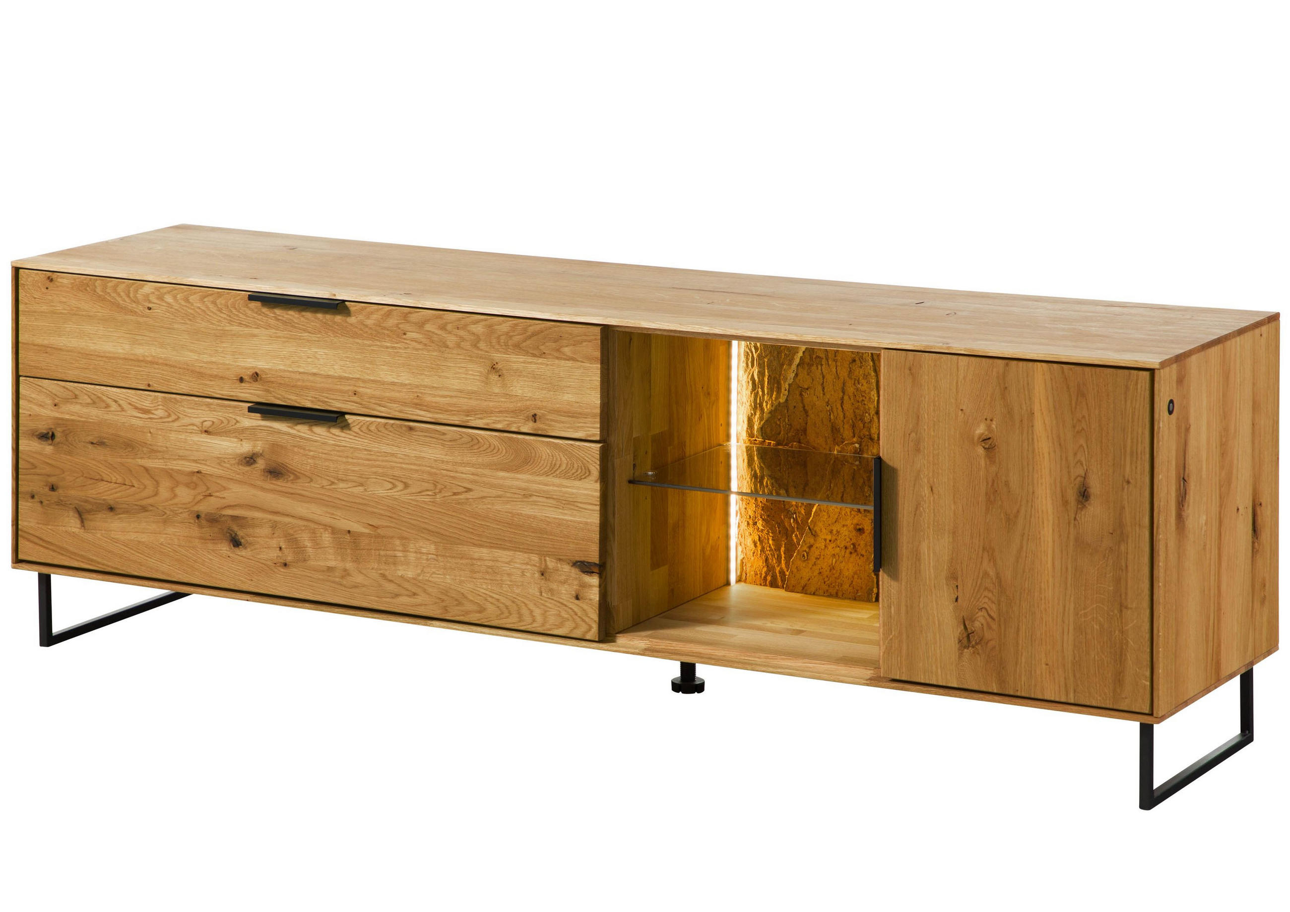 LOWBOARD Wildeiche mit Holztür 180x43x59 natur geölt LINDAU #25 - Naturfarben, Holz (43/59/180cm) - Massivmoebel24