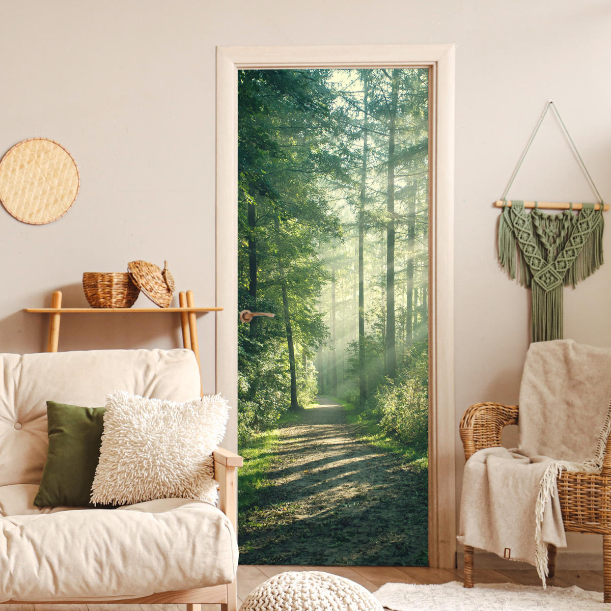 TÜRAUFKLEBER Wald - Weg - Sonne - Bäume - Grün - Natur 85x215 cm - Türtapete - Waldgrün, Kunststoff (85/0.1cm) - MuchoWow