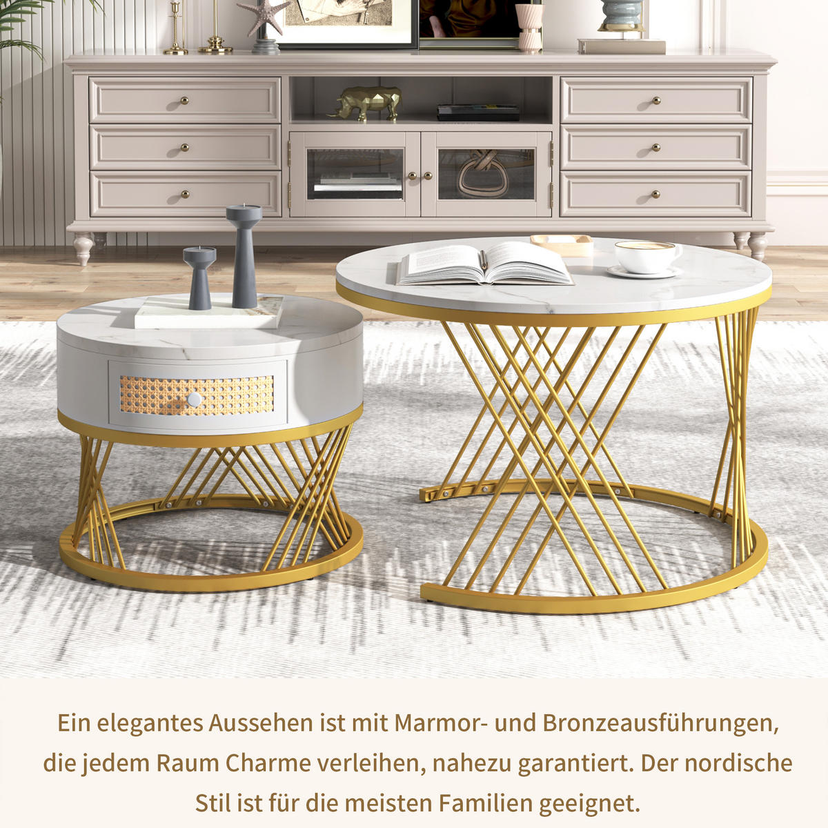 COUCHTISCH 2er Set Rattan Marmoroptik - Weiß, Holz (70/70/45.5cm) - Fortuna Lai
