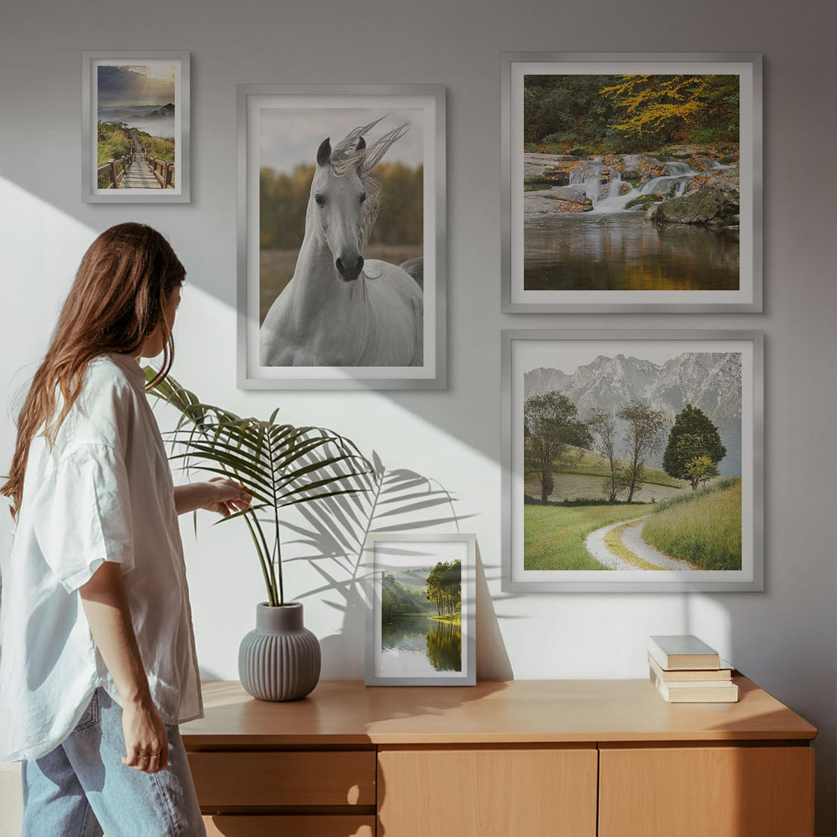 WANDBILDER 5er Set - 50x50 cm & 20x30 cm & 40x60 cm Silberner Rahmen - Natur des Flusses White Horses - Silberfarben, Kunststoff (40/60cm) - ArtPrintCave