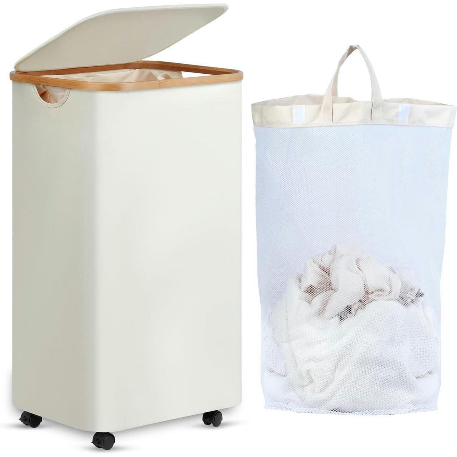 WÄSCHEKORB mit Rollen 100L Beige - Beige, Naturmaterialien (33/75/44cm)