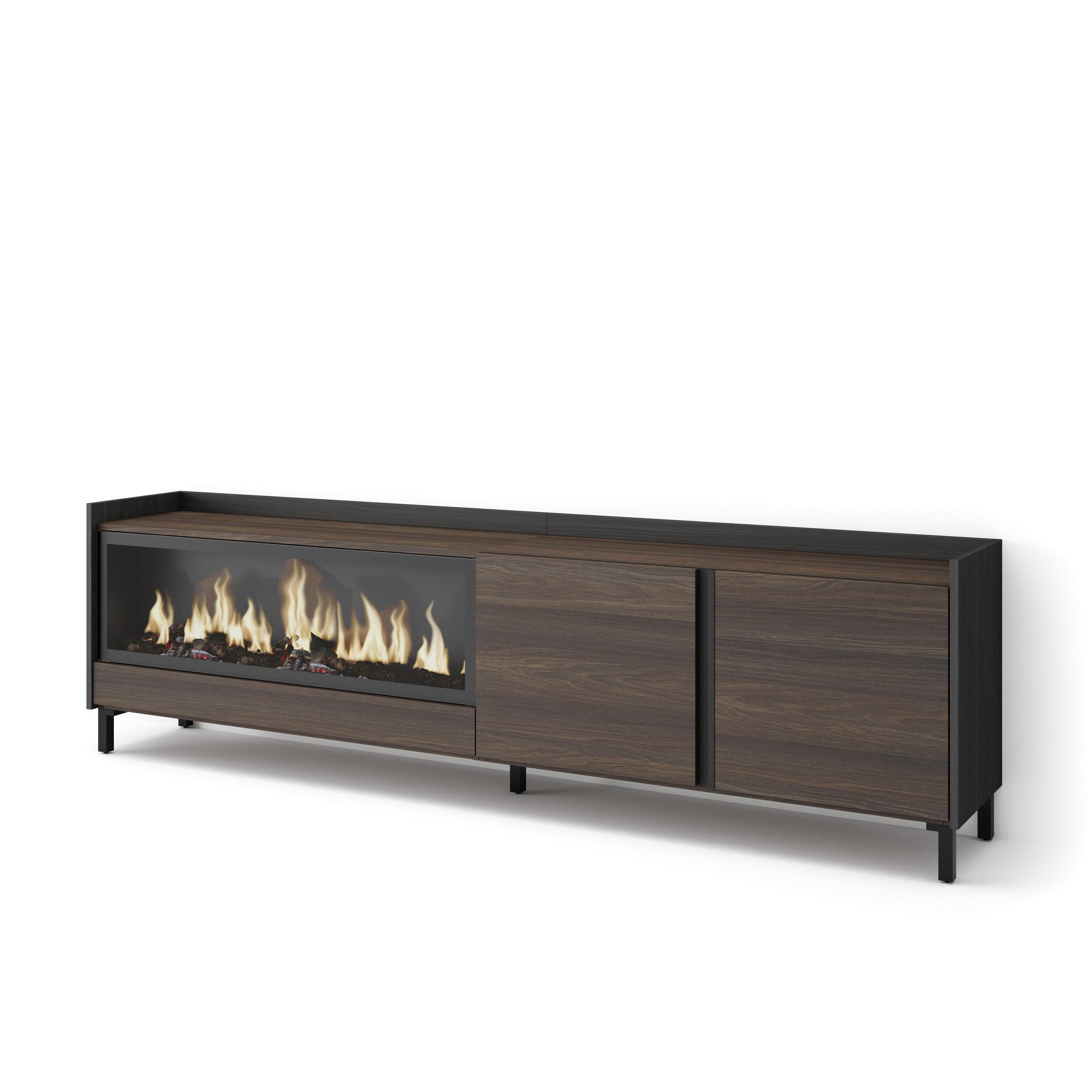 LOWBOARD, Eiche und Schwarz, 212/35/61cm, Kamin mit Feuereffekt XXL - Dunkelbraun, Holzwerkstoff (212/61/35cm) - Skraut Home