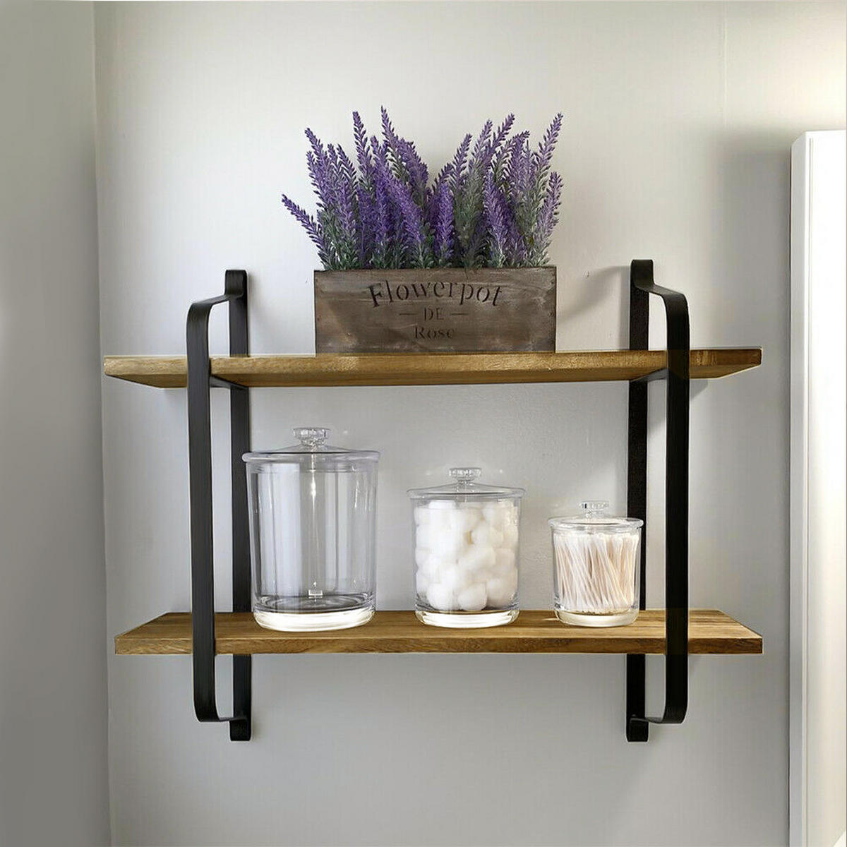 WANDREGAL 2-Stufig Wandmontage aus Metall Holz in Schwarz Braun Platzsparend Einfache Montage 60 x 15 x 51,5 cm - Schwarz/Braun, Holz/Metall (60/51.5/15cm) - Livingandhome