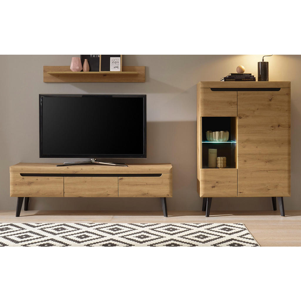 Thumbnail - Furn.Design Wohnwand, Eiche Artisan, Holzwerkstoff, Nachbildung,Eiche, Uni, 5 Fächer, 3 Schubladen, eckig, 270x170x40 cm...