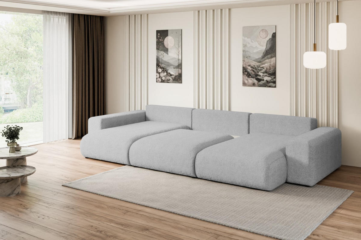 WOHNLANDSCHAFT mit Schlaffunktion und Bettkasten ESKAR-U -352x165x84cm Grau Bouclé - Hellgrau/Schwarz, Holzwerkstoff/Kunststoff (352/84/165cm) - ALTDECOR