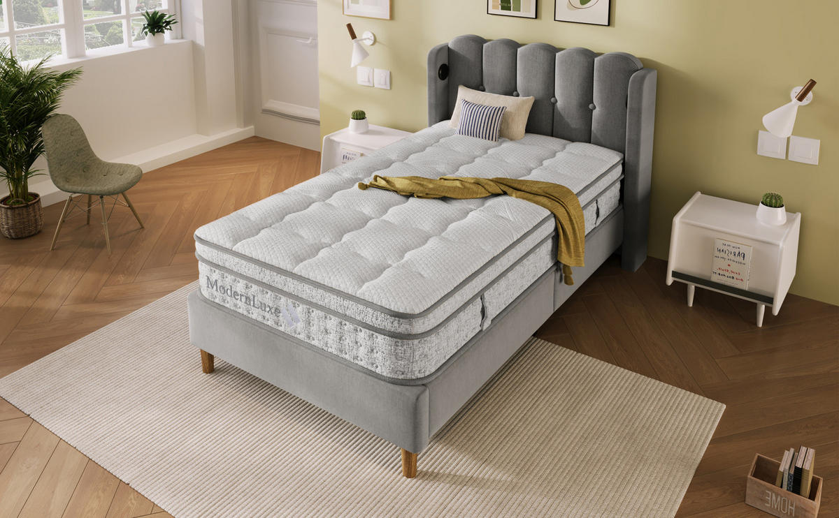 POLSTERBETT 90/200 cm mit LED-Beleuchtung, 2 USB-Anschlüssen und Bettkasten, Leinenstoff Grau - Grau, Textil (90/200cm) - Redom