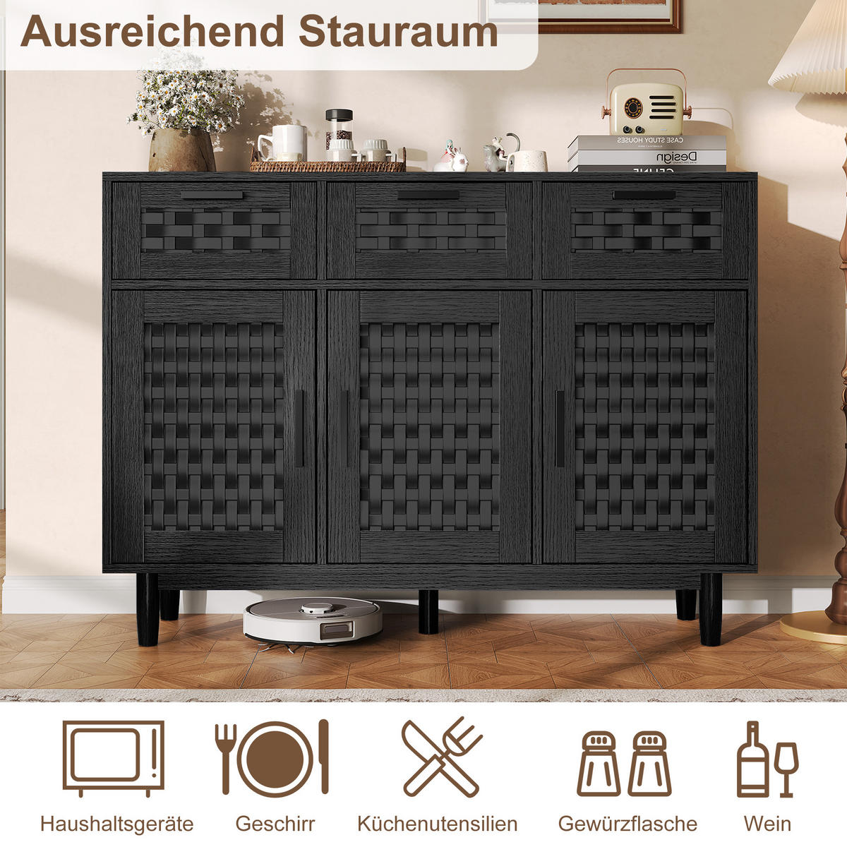 SIDEBOARD im Rattan-Look für das Esszimmer, Aufbewahrungsschrank aus Naturholz, Wohnzimmerschrank mit 3 Schubladen und 3 Türen, schwarz - Schwarz, Holz (40/80/107.9cm) - WoodenAura