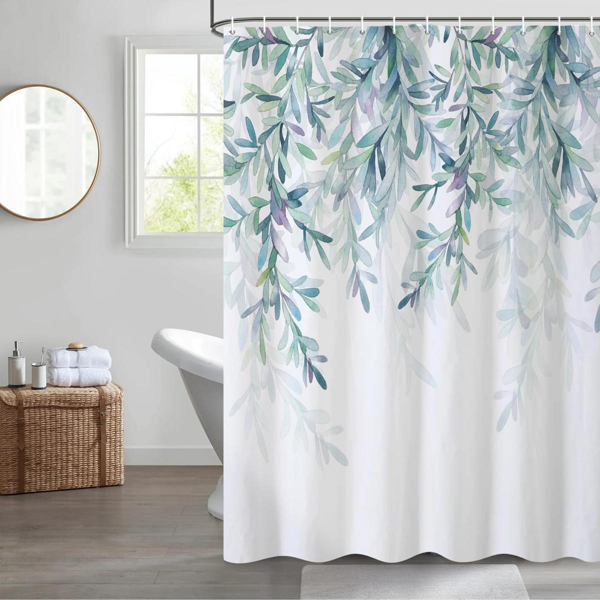 DUSCHVORHANG Eukalyptus Blätter Grün Aquarell Pflanze fürs Badezimmer wasserdicht Polyester - Weiß, Textil (180/3cm) - MCBOSON