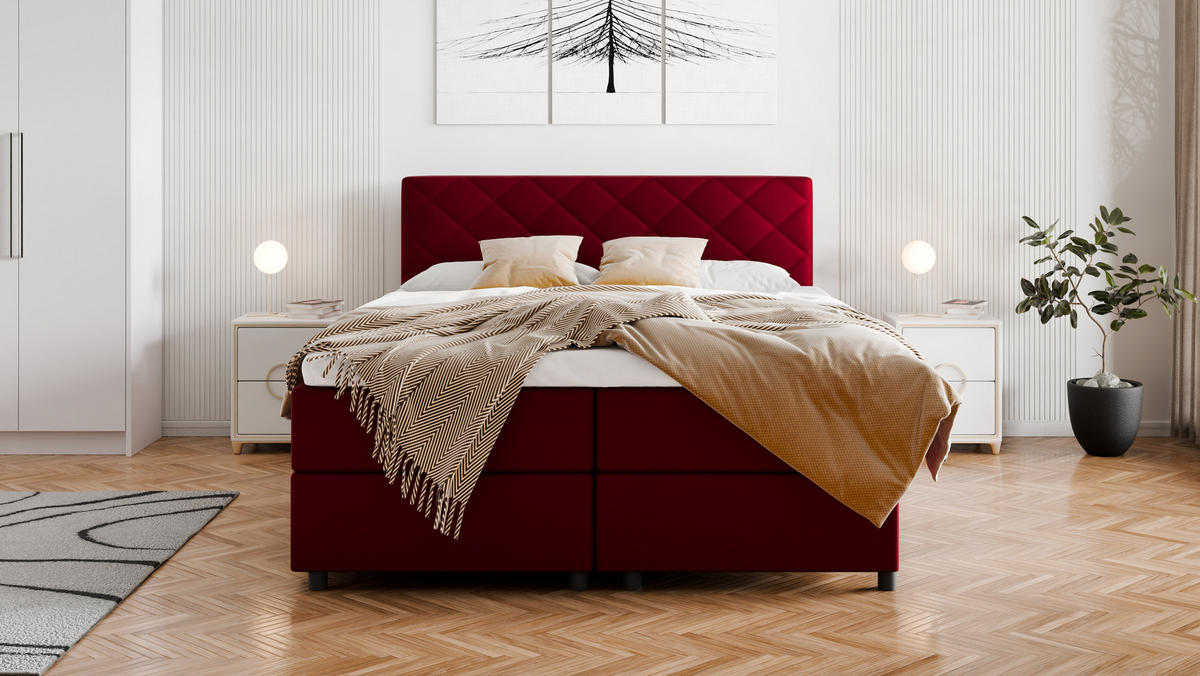 BOXBETT Diamaro 160x200 cm mit Bettkasten und Topper - Rot - Rot, Holz (160/200cm) - Panda Möbel