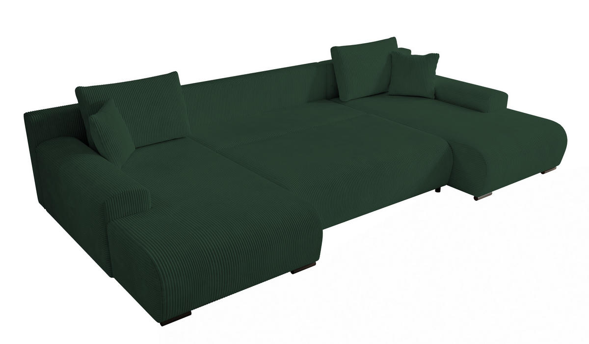 WOHNLANDSCHAFT Nelly U mit Bettkasten und Schlaffunktion, Cordstoff in U-Form - Grün, Textil (349/80/185cm)