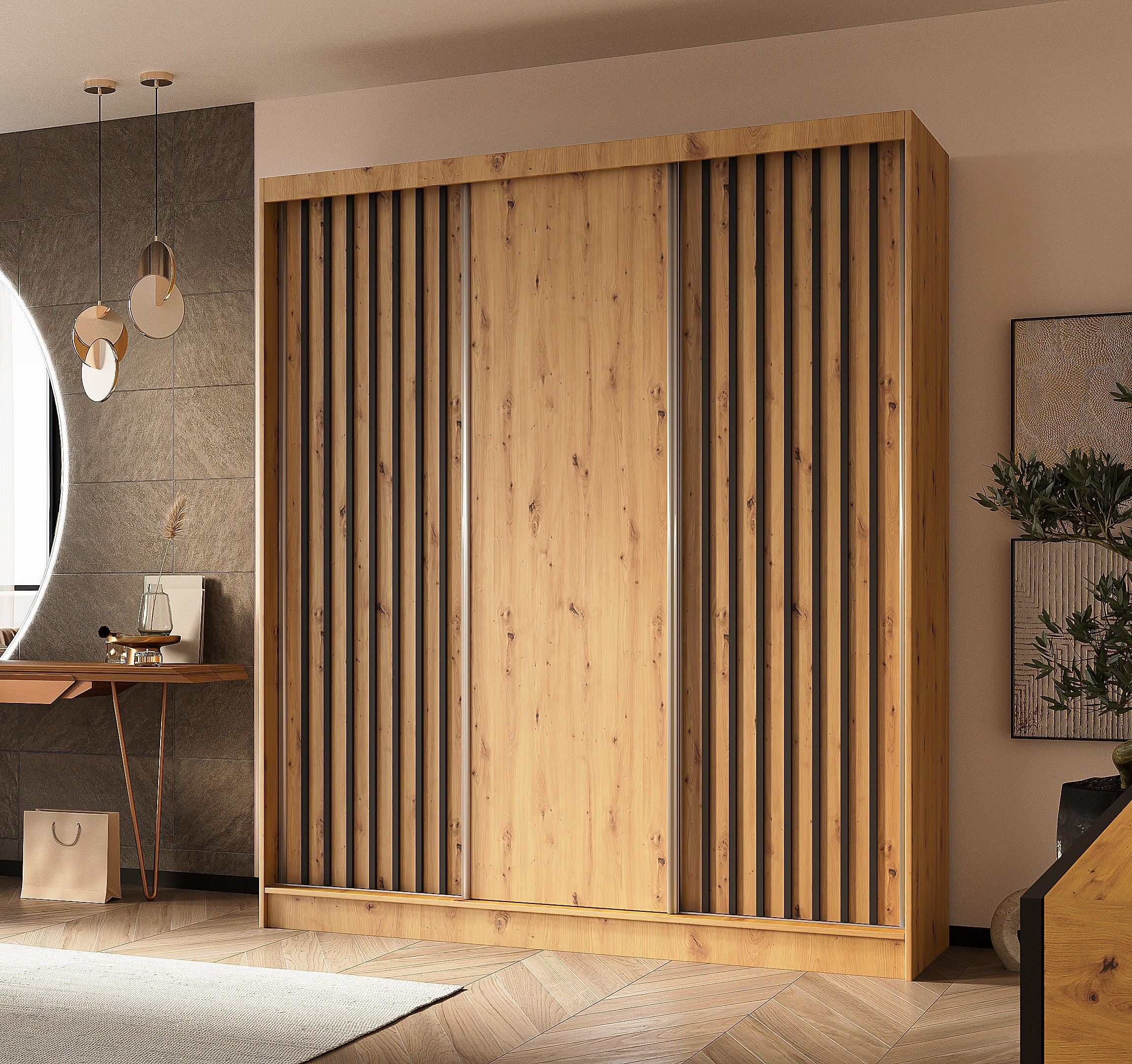 SCHWEBETÜRENSCHRANK Cabinio Eiche Artisan Schwarz 180/216/61 cm – Modern, mit Lamellen - Walnussfarben/Schwarz, Holzwerkstoff/Kunststoff (180/216.1/61cm) - AX Living