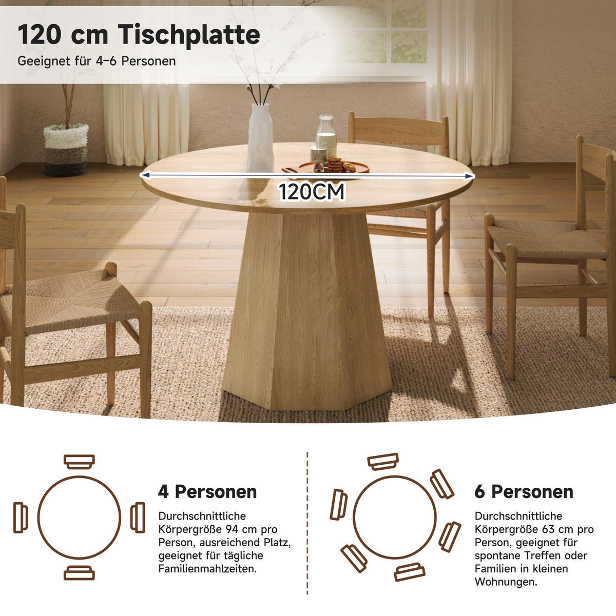ESSTISCH rund 120 cm in Eichefarbe für 4-6 Personen, skandinavisches Design - Eichefarben, Holzwerkstoff (120/120/75cm) - Flora Grace