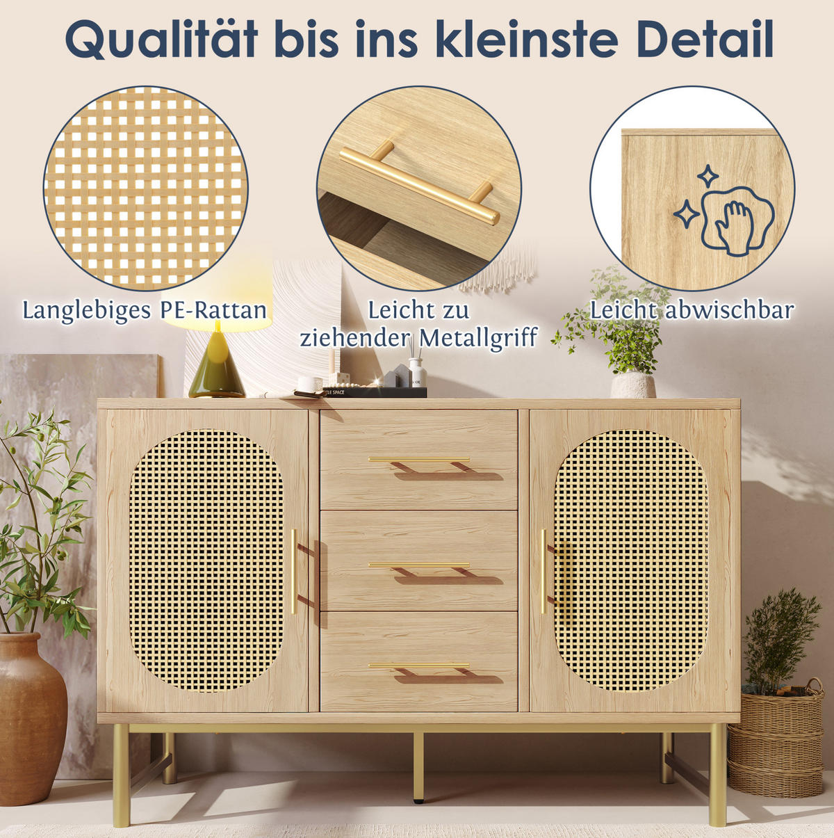 KOMODA 120/40/74 cm se 3 zásuvkami, 2 dvířky a nastavitelnou policí, ratanový vzhled, Sonoma dub - barva dubu, kov (120/74/40cm) - Redom