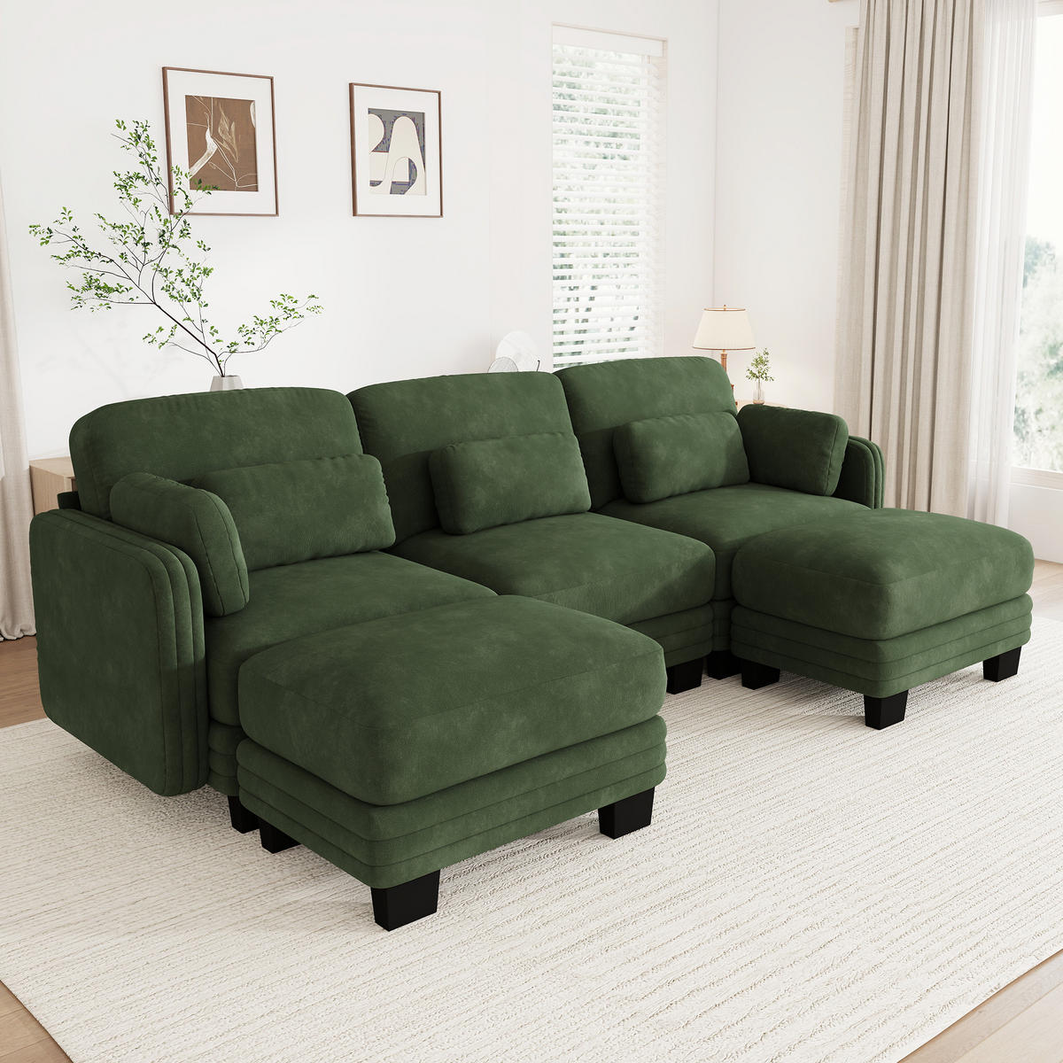 WOHNLANDSCHAFT 3-Sitzer U-Form mit 2 Ottomanen, DE-42686, Grün - Grün, Holz (253/88/143cm) - ComfortXL