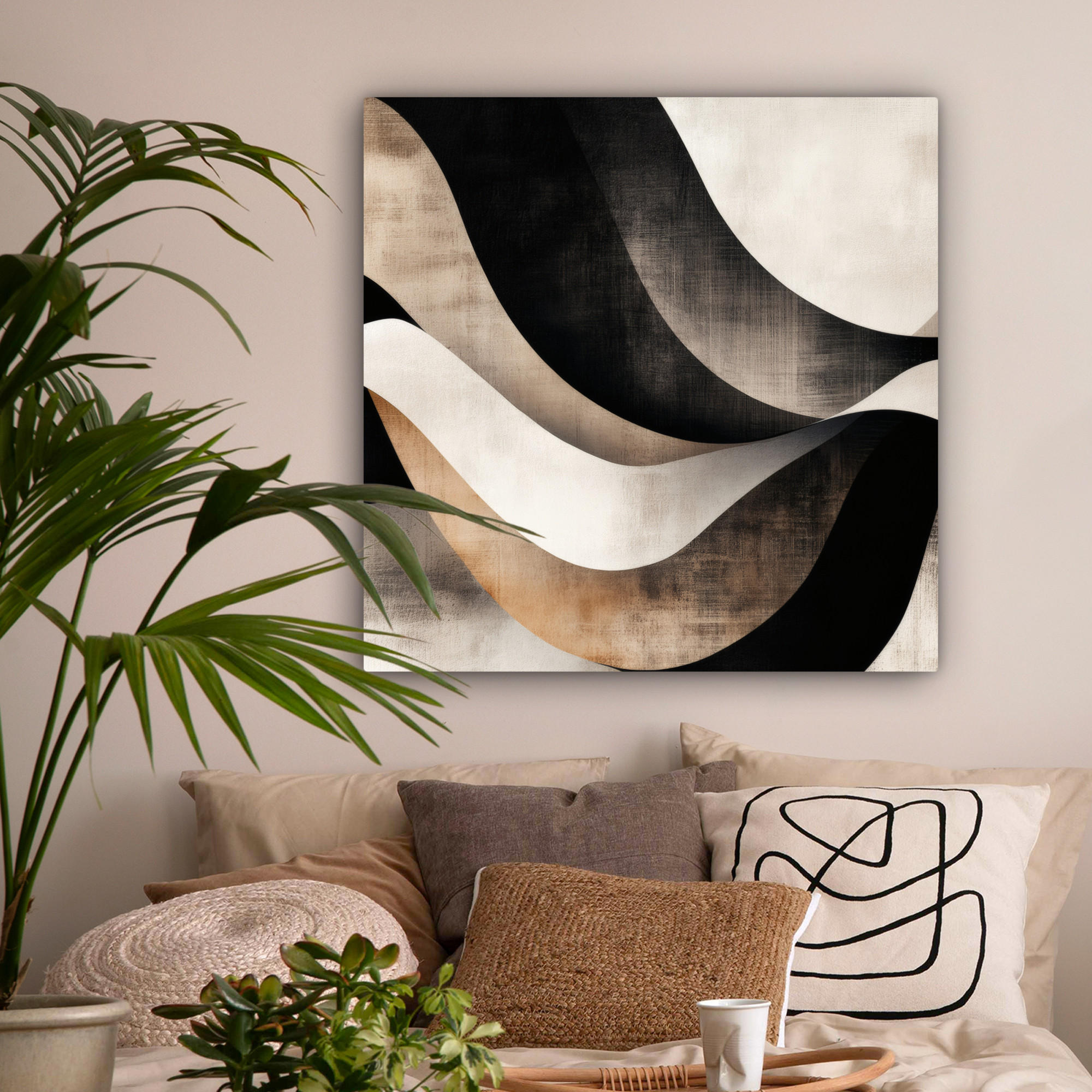 LEINWANDBILD Abstrakt - Wellen - Schwarz - Verwittert 90x90 cm - Trüffeleichefarben, Textil (90/90cm) - MuchoWow