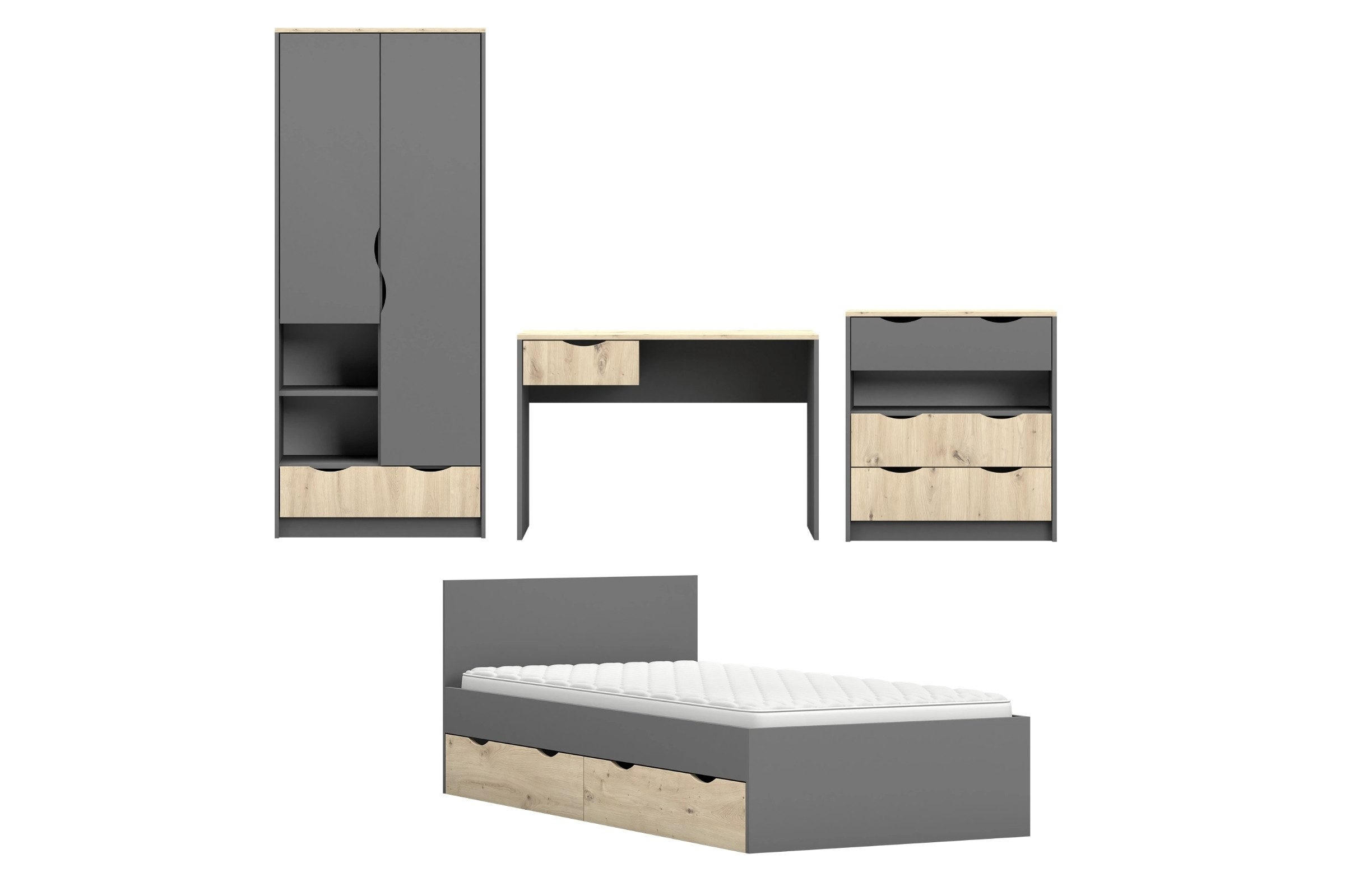 JUGENDZIMMER-SET JUMI A 4-teilig in Grau/Eiche Artisan - Eiche Artisan/Grau, Holzwerkstoff (364/193/205cm) - Deine Möbel 24