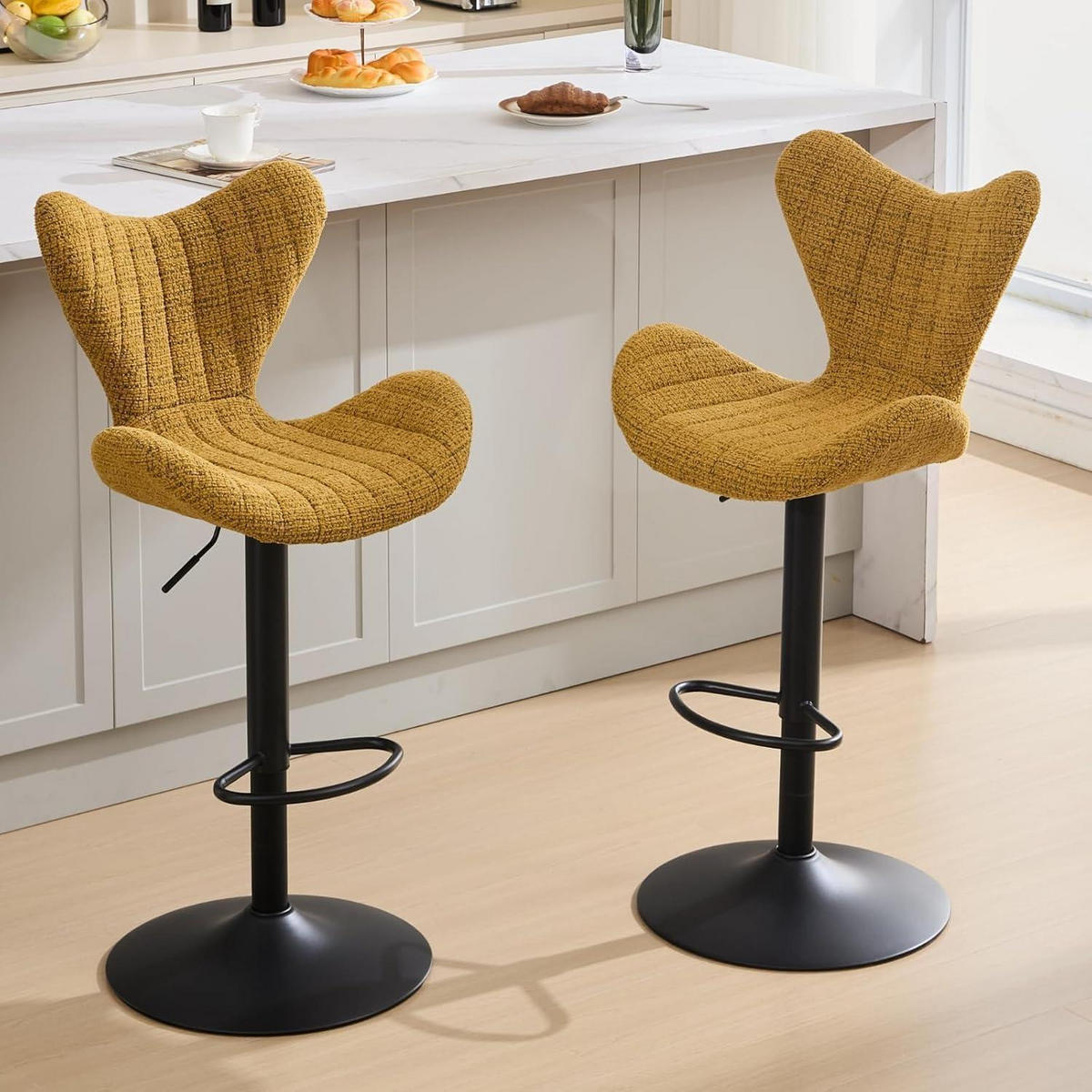 BARHOCKER 4er Set Höhenverstellbar Drehbar Gelb Chenille - Gelb, Textil (51/95/54cm)