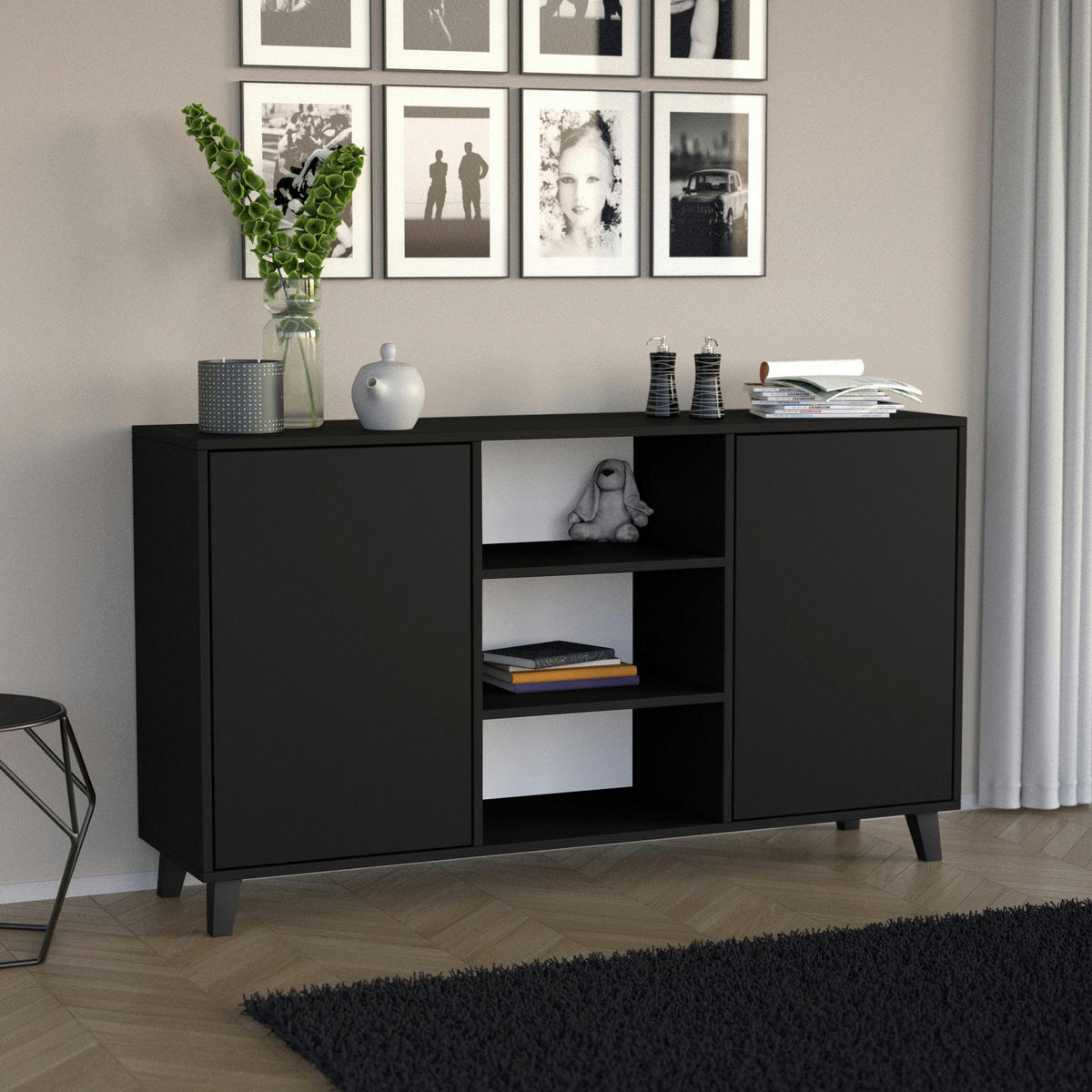 KOMMODE Home mit 2 Türen und 2 Regale, ohne Griffe, Schwarz - Schwarz, Holzwerkstoff (150/85/40cm) - Beautysofa