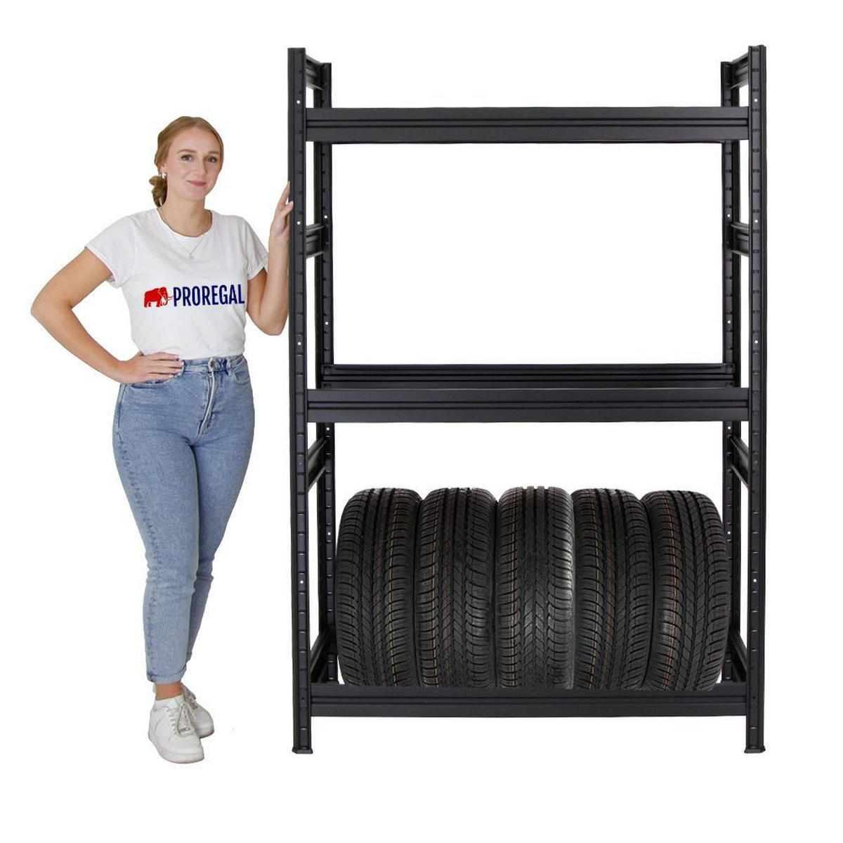 REIFENREGAL Dino 2er-Set mit 2x 180x120x50 cm Fachlast 150 kg bis zu 24 Reifen Schwarz - Schwarz, Metall (240/180/50cm) - PROREGAL