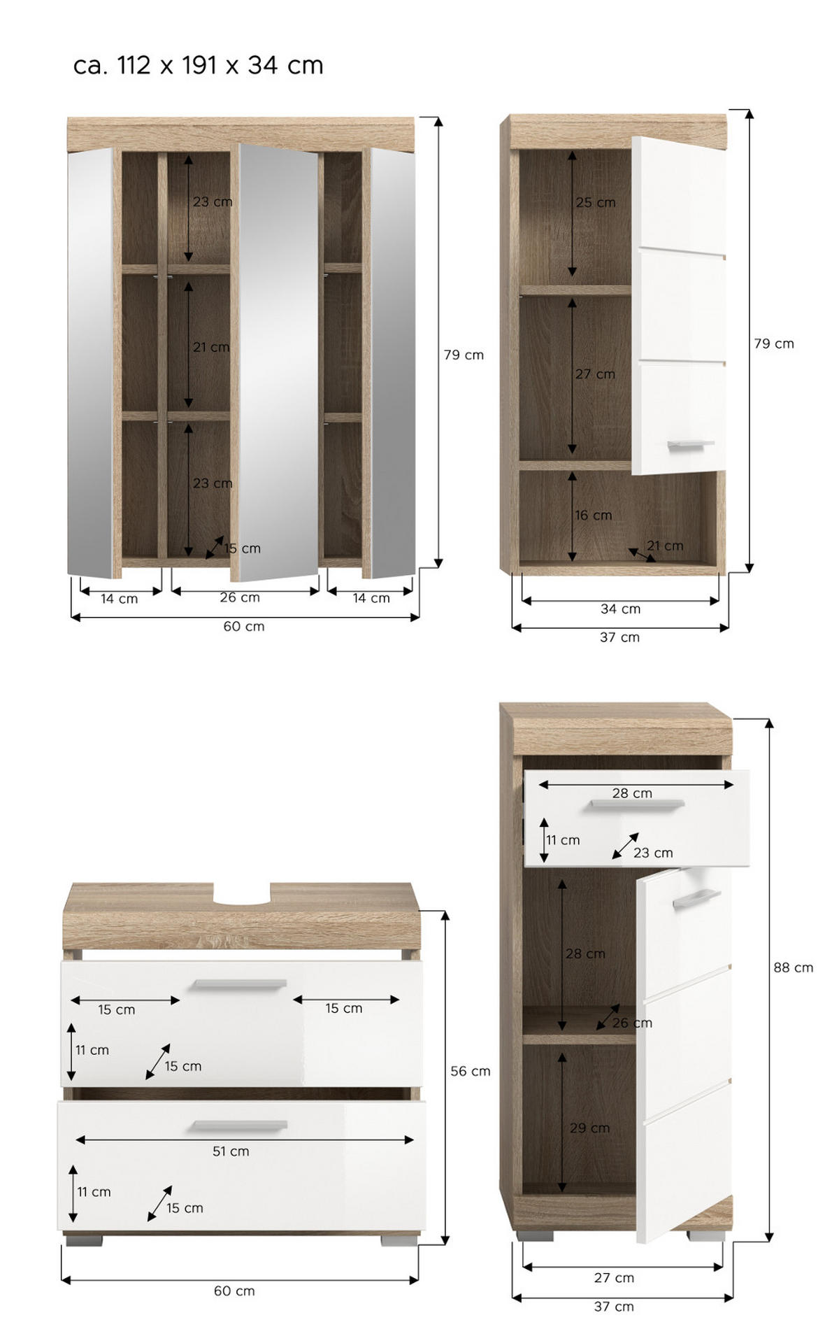 BADMÖBEL-SET weiß Hochglanz, Eiche 4-teilig 112 cm, Komplettset mit viel Stauraum - Weiß Hochglanz/Eichefarben, Holzwerkstoff (112/191/37cm) - Inn.Furn