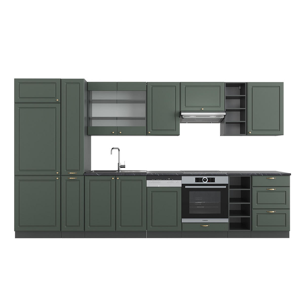 KÜCHENZEILE Fame-Line Grün-Gold Landhaus/Anthrazit 355 cm AP Anthrazit - Anthrazit/Grün, Holzwerkstoff (355/81.6/60cm) - Vicco