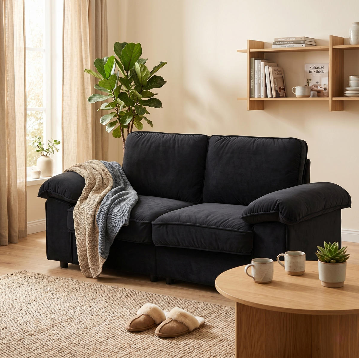SOFA mit Stauraum Schwarz Massivholz MDF - Schwarz, Holzwerkstoff (201/89/91cm) - Meubliv
