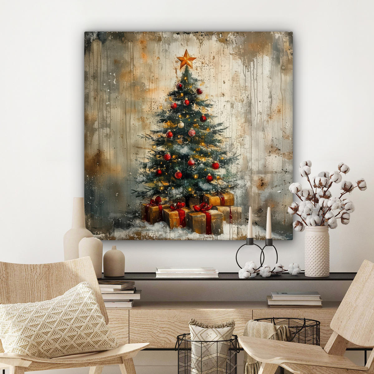LEINWANDBILD Weihnachtsbaum - Vintage - Weihnachten - Geschenk 90x90 cm - Rostfarben, Textil (90/90cm) - MuchoWow
